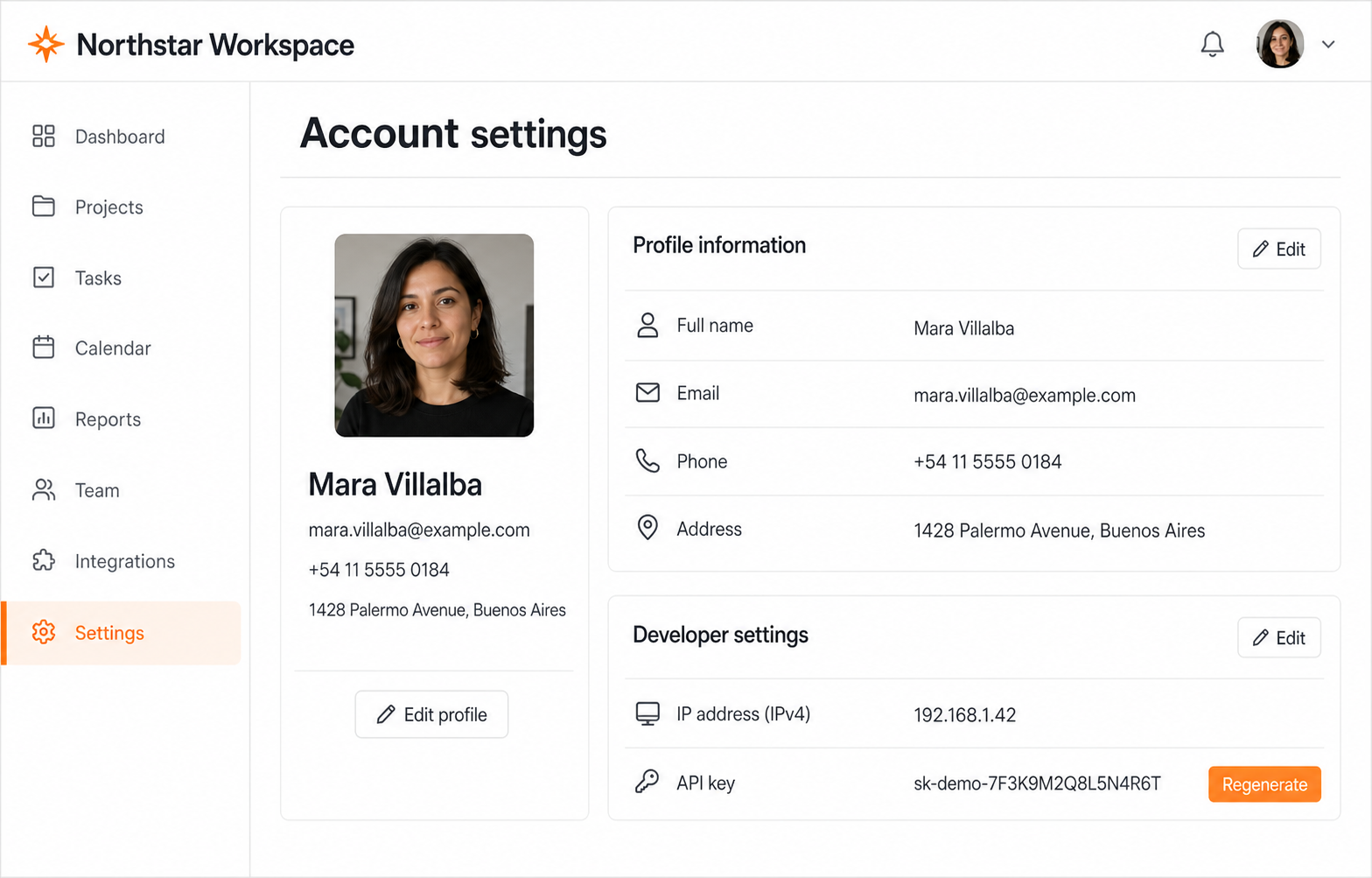 Synthetic account settings screenshot with emails, phone, address, IP address, and API key for redaction practice